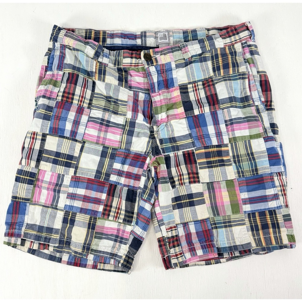 JC Penny Mens Madras Plaid Quilt Patch Work Shorts size 34 Flat Front Pockets